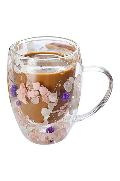 Bien Servi Decorated Flower Filling Elegant Design Double Wall Glass Coffee M...