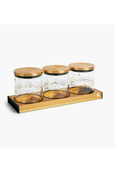 Otantik 4-Piece Printed Decorative Jar with Lid and Tray