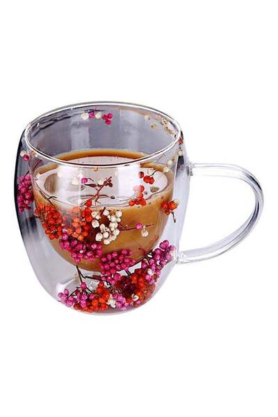 Bien Servi Decorated Flower Filling Elegant Design Double Wall Glass Coffee M...