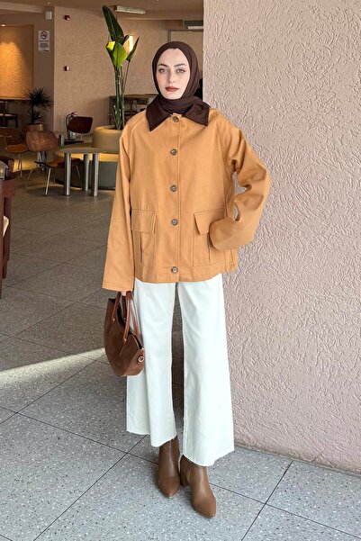 lamelif Collar Detailed Buttoned Gabardine Jacket Taba