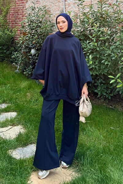 lamelif Hooded Pants Two-Piece Hijab Set Dark Navy Blue