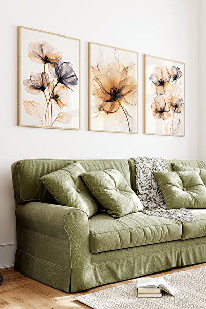 kutuTR Ahşap Çerçeveli 2D UV Baskı 3'lü Tablo set–Bohem Stil Şeffaf Çiçek İll...