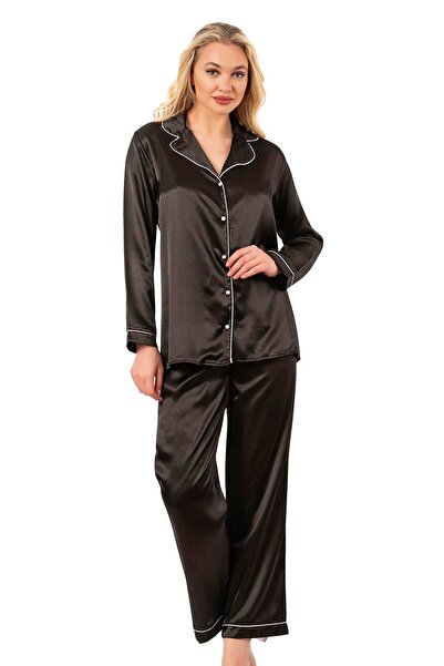 Kompedan Biyeli Uzun Kol Saten Önden Düğmeli Pijama Takımı | Siyah 7647