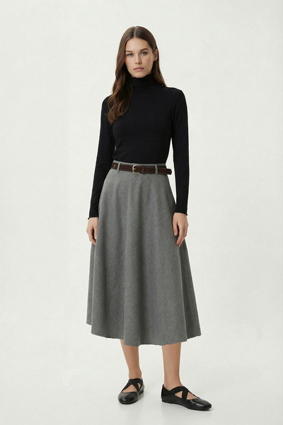 Lovelyİstanbul تنورة طويلة منسوجة بحزام LDP0093 رمادي