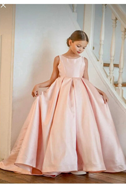 miço kids Kız Çocuk Abiye Elbise - Kuyruklu - Fiyonklu - Kabarık - Saten Kumaş