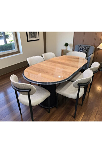 Kayı mobilya Hazal Ceviz Yemek, Salon Masası Masa Kenarları Siyah Ayakları Si...