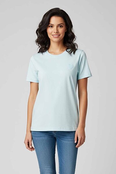 rekor sports Women's Heart Embroidered 100% Cotton Crew Neck Basic T-Shirt