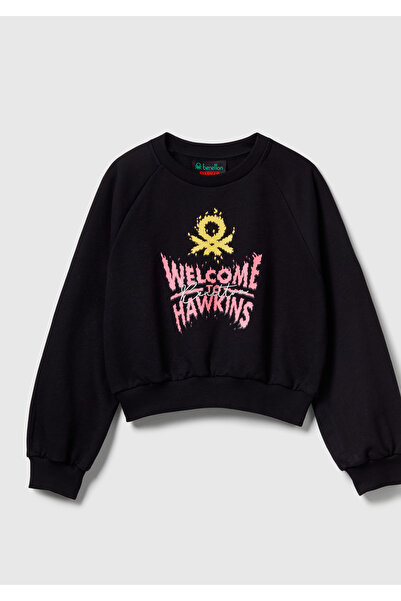 United Colors of Benetton سويت شيرت بناتي أسود 100% قطن قصير القصة من سترينجر...