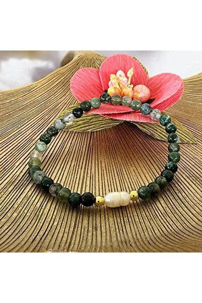 Ezera Samanta Bracelet with Moss Agate Crystals and Pearl