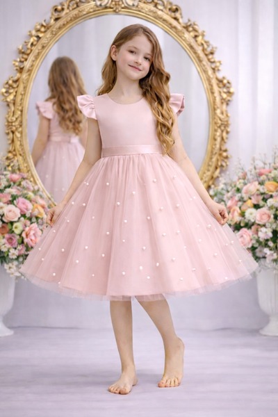 SUNEH Kız Çocuk Pudra Pembe Fırfır Kol İncili Saten Elbise Mezuniyet Doğum Gü...