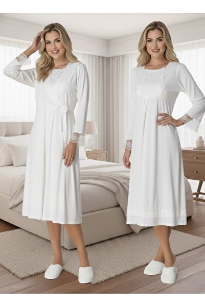 Lohusa Homewear Women's Ecru Elegant Lace Embroidered Long Sleeve Maternity N...