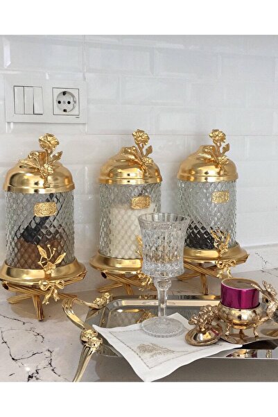 AZADE BAKIR GOLD PİRİNÇ JAPONGÜL AYAKLI KRİSTAL KAVANOZ 3’LÜ SET