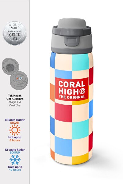 Coral High Multi-Colored Checkerboard Patterned Steel Thermos with Straw and ...