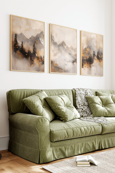 Wooden Frame 2D UV Print 3-Piece Table set–Abstract Scandinavian Style Mountain and Pine Forest- CRV1336