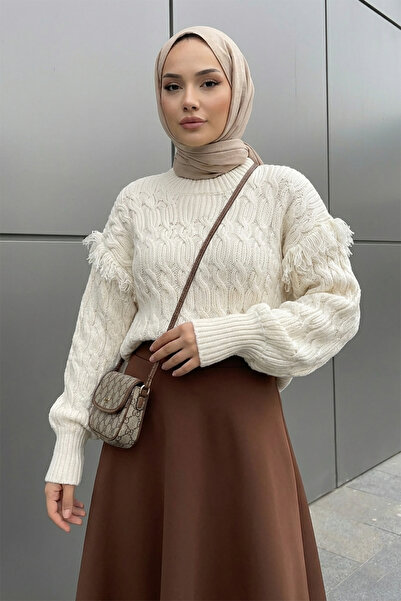 MODAQU Balloon Sleeve Short Knit Sweater with Tassel Sleeves - Stone