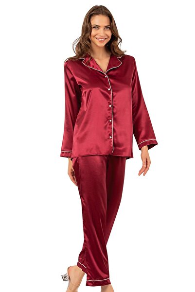 Kompedan Biyeli Uzun Kol Saten Önden Düğmeli Pijama Takımı | Bordo 7647