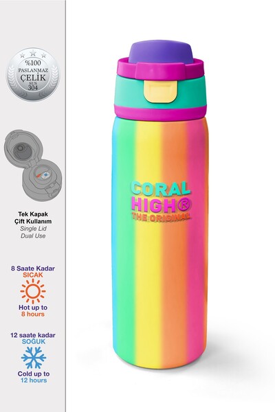 Coral High Multi-Colored Patterned Steel Thermos with Straw and Direct Drinki...