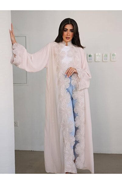 Noon Noora Elegant Floral Appliqué Robe Abaya Cardigan