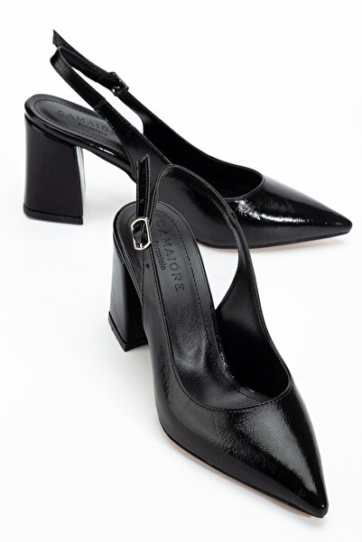 camaiore Black Patent Leather Women's Pointed Toe Thick Classic Heeled Shoes