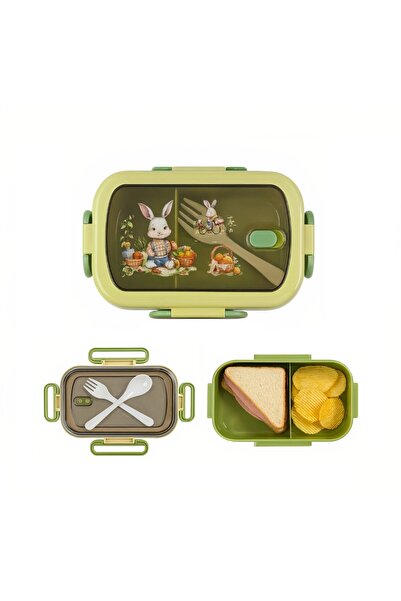 Bsr Caserola pentru pranz, compartimentata, tacamuri incluse, plastic, verde,...
