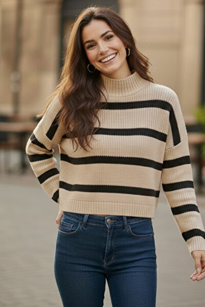 Devinka Women's Beige Half Fisherman Striped Knitwear Sweater