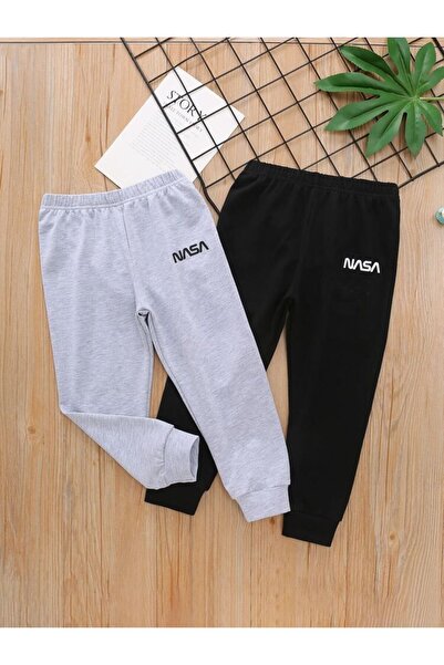 Kids Black Gray Nasa Printed Boys' Two-Piece Tracksuit Set