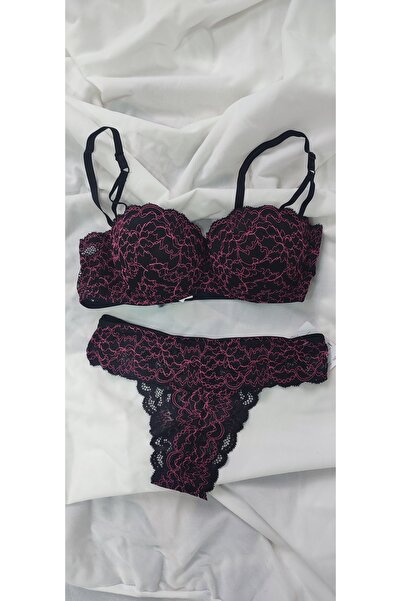 SS HOME CONCEPT Navy Blue Pink Detailed Bra Set with Covered Underwire