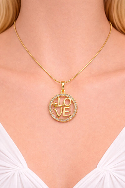 femline قلادة نسائية ذهبية اللون مكتوب عليها LOVE مرصعة بالأحجار اللامعة