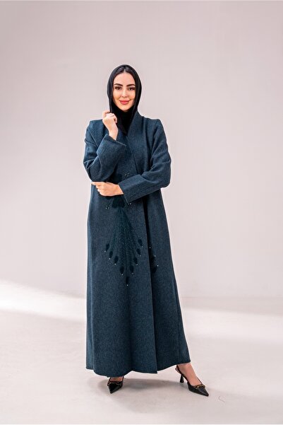 Abay Winter wool with embroidery and crystals - turquoise color