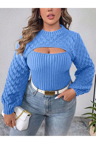 SHEZAN MODA Kadın Ajur Desenli Triko Bluz Göğüs Dekolteli Balon Kol Fitilli M...