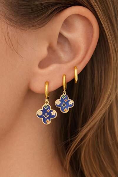 ÇELİKEVİM Lacivert Yonca Detaylı 3’lü Küpe Seti