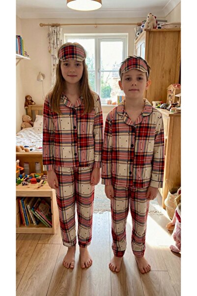 Enie Unisex Girls' & Boys' Cotton Plaid Patterned Pajama Set with Sleep Goggles