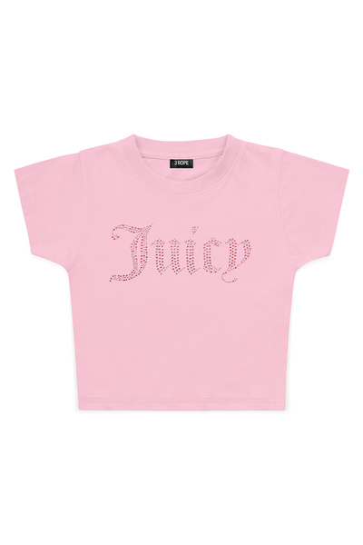 3 ROPE Women's Juicy Double Pink Stone Printed Rhinestone Crop T-Shirt
