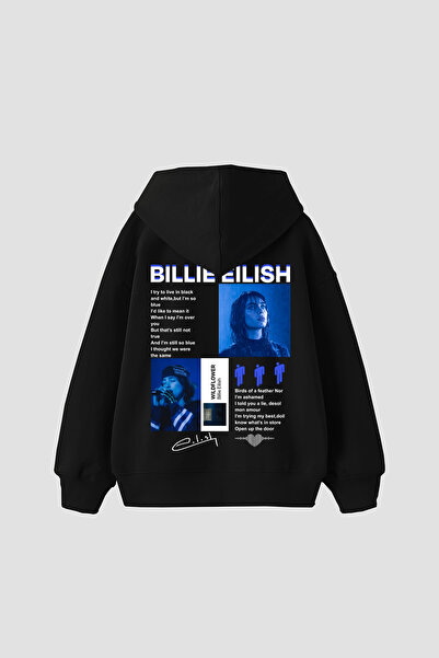 Sekizbiraltı Billie Eilish Wildflower Printed Oversize Unisex Black Hoodie