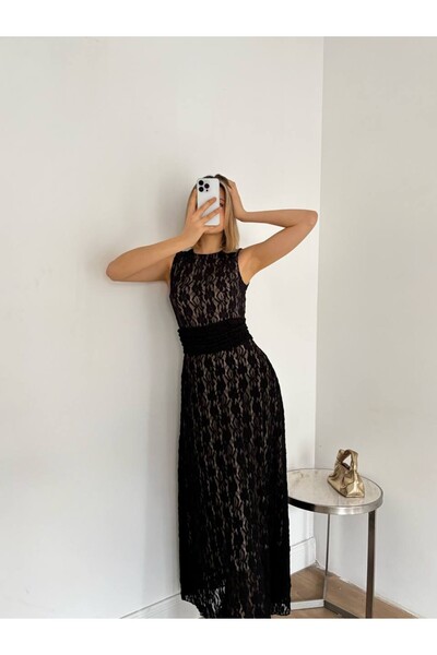 cemo Kadın Kolsuz Yuvarlak Yaka Dantel Dokulu Bel Lastikli Uzun Abiye Elbise