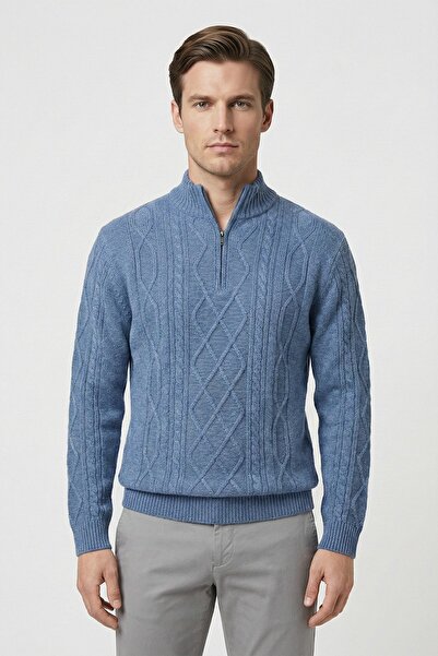 Sabri Özel İndigo Regular Fit Yünlü Desenli Fermuarlı Yarım Balıkçı Yaka Trik...