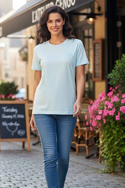 vynor atelier Women's Heart Embroidered 100% Cotton Crew Neck Basic T-Shirt