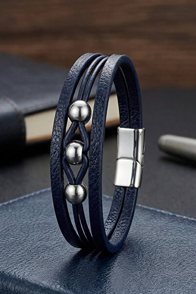 OSMANLI GÜMÜŞ سوار جلدي للرجال من الفولاذ بتفاصيل ثلاث كرات، سوار جلدي من Buk...