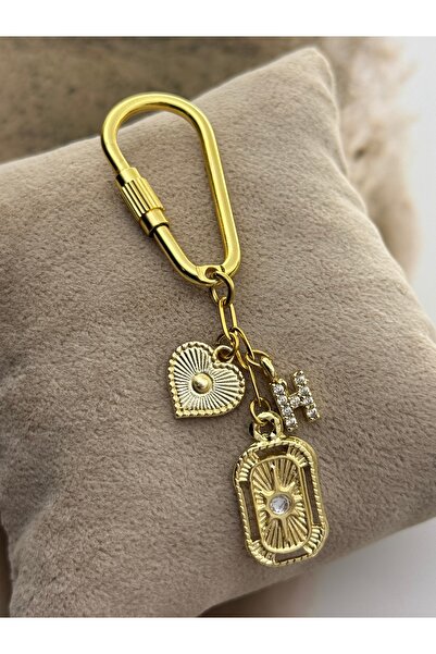 roshel Gold Keychain & Bag Charm with Letter Detail, Heart and Medallion Figu...