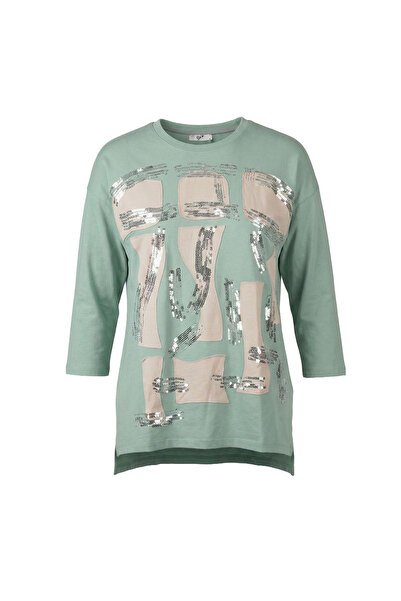 Tığ Triko Kadın Baskı ve Payet Detaylı Penye Tunik - Yeşil