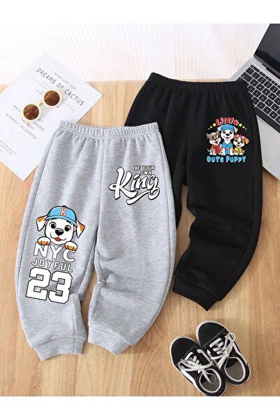 Kids Black Gray 23 King Dog Printed Girls and Boys Double Tracksuit Set