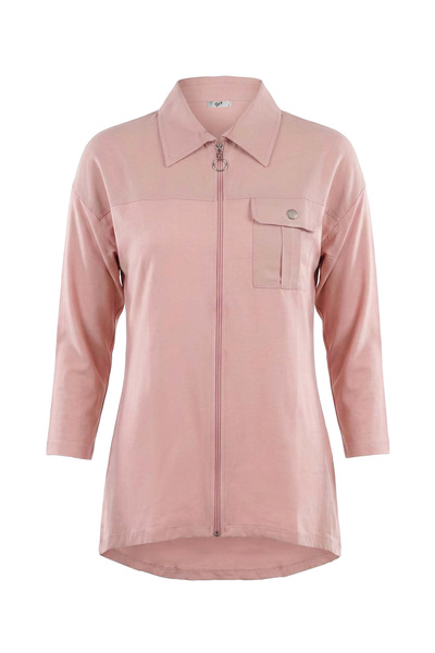 Tığ Triko Kadın Fermuarlı ve Cepli Gömlek Tunik - Pudra Pembe