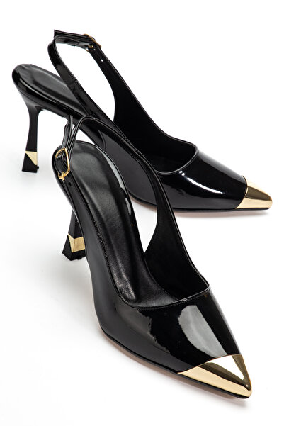 Moda Eleysa Women's Black Patent Leather Gold Pointed Toe Buckle Detailed Hee...