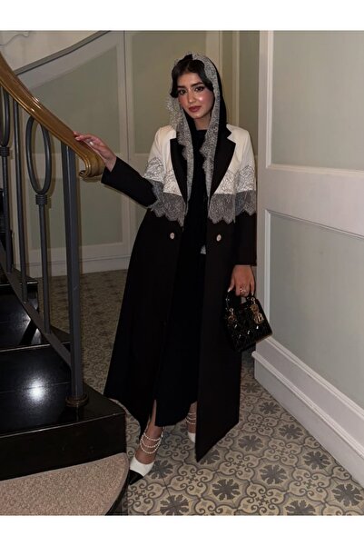 Noon Noora Black and White Lace Patchwork Cardigan Abaya with Headscarf