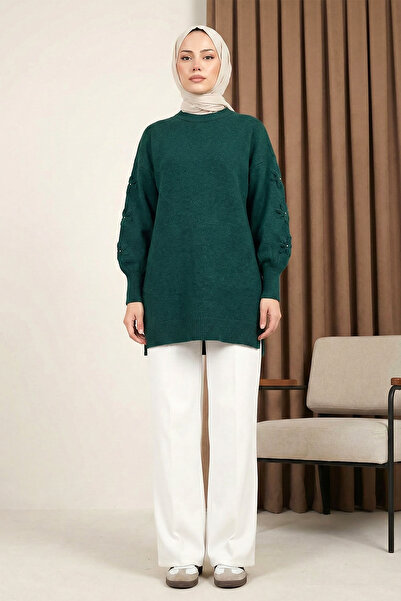 MODAQU Crew Neck Sleeveless Floral Detailed Soft Knitwear Tunic - Emerald Green