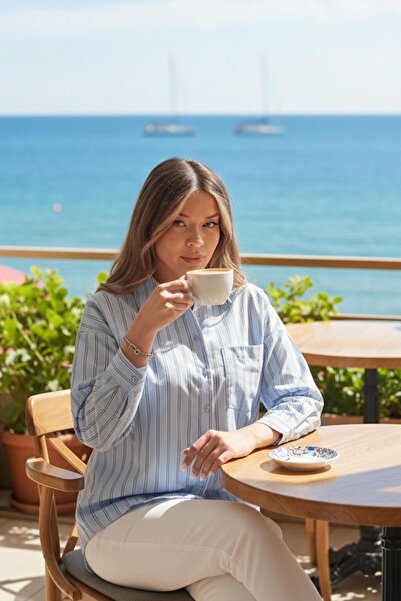Hipo Trend Striped Back Button Detailed Terrycotton Blue Shirt