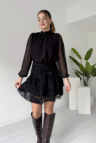 MARTYZ Floral Embroidered High Neck Chiffon Dress