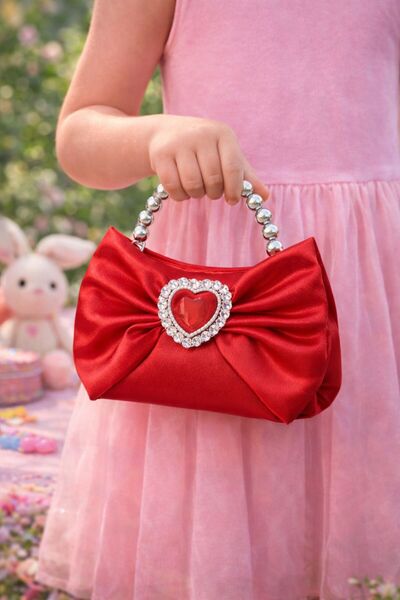 Me&On WEAR Kız Çocuk Özel Gün Çantası – İnci Saplı Kırmızı Saten Mini Çanta