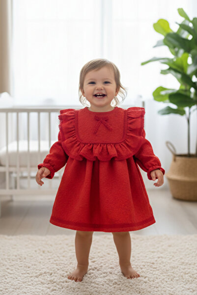 Bertuğ Bebek Lace and Ruffle Embossed Crepe Red Girls' Baby Dress
