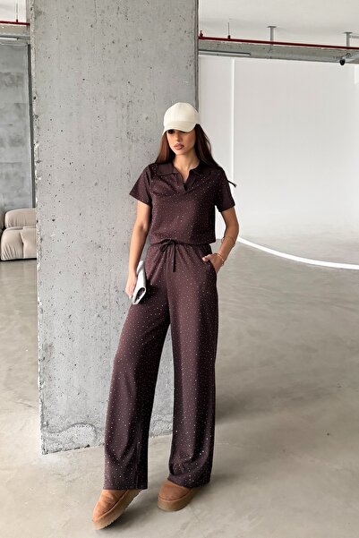 MODAMERSİ Women's Brown Stone Detailed Blouse and Pants Two-Piece Set